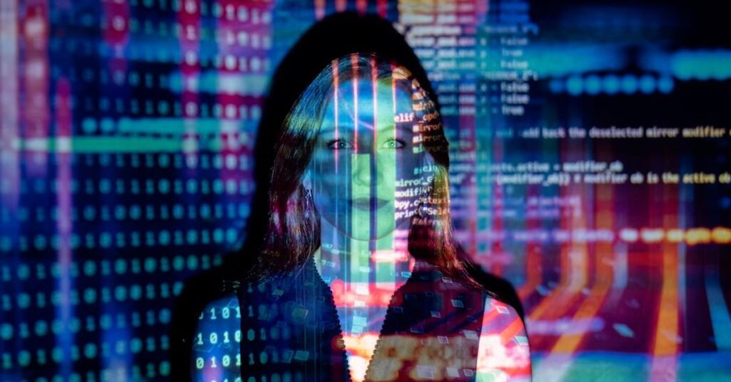 a woman with digital code projections on her face representing technology and future concepts