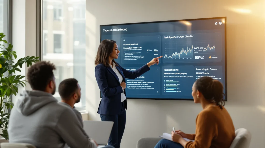 marketers review dashboards comparing types of ai models in a modern u s office