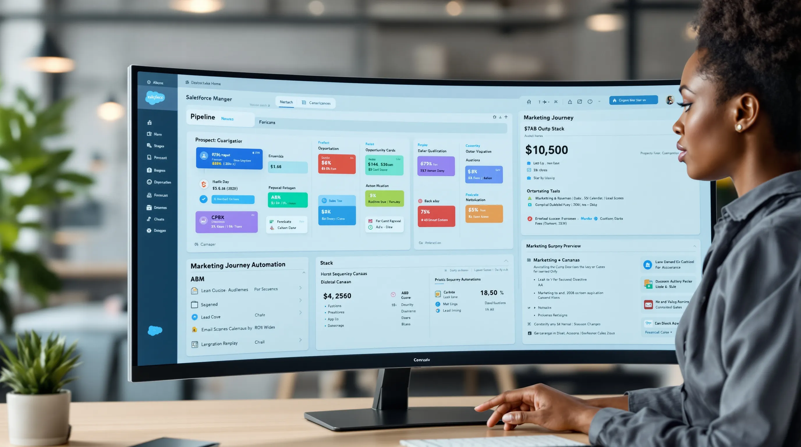 Sales ops manager reviews Salesforce dashboards with pipeline, AI scores, and integrations.