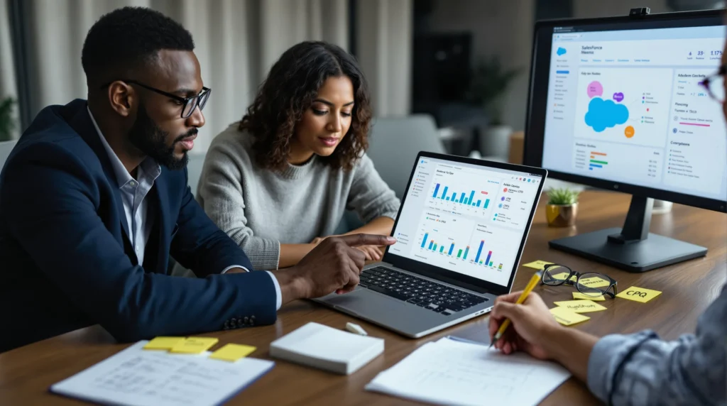 team reviewing salesforce crm dashboard and pricing notes in a u s office