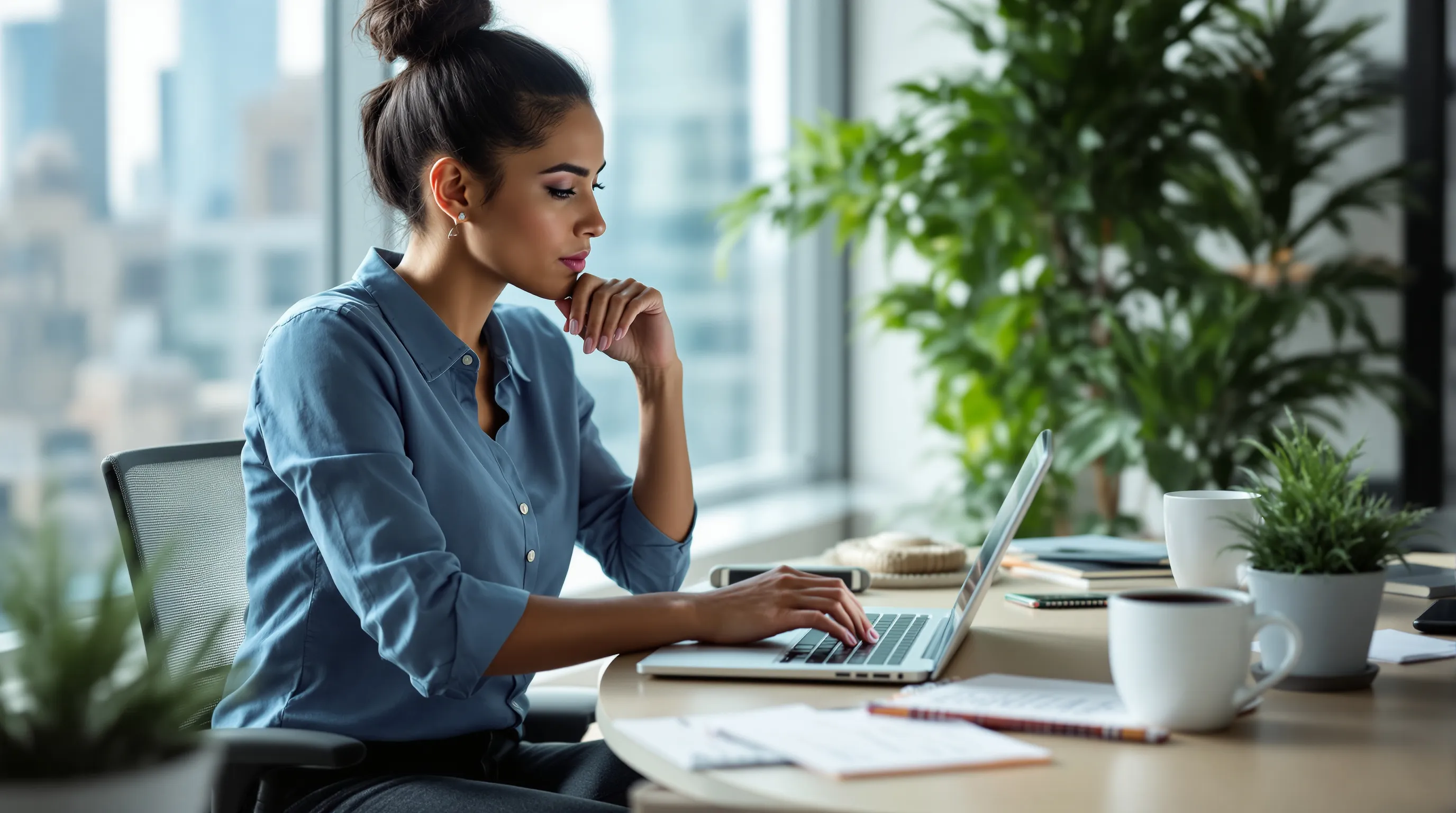 A Hispanic woman researching keywords on her laptop in a modern office.