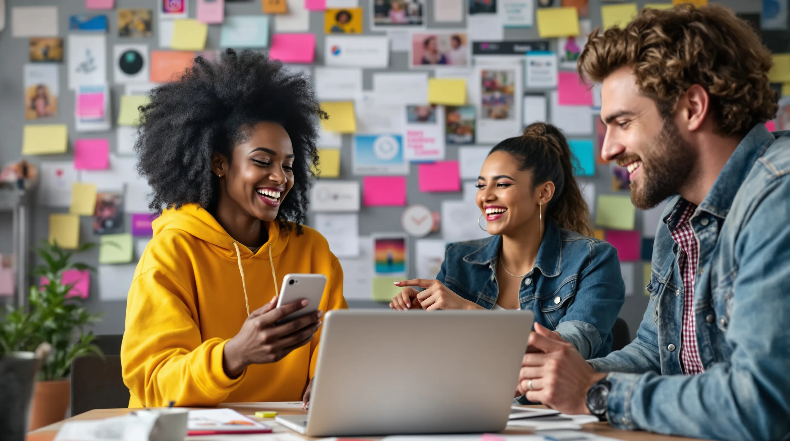 a diverse group brainstorming social media content in a creative workspace.