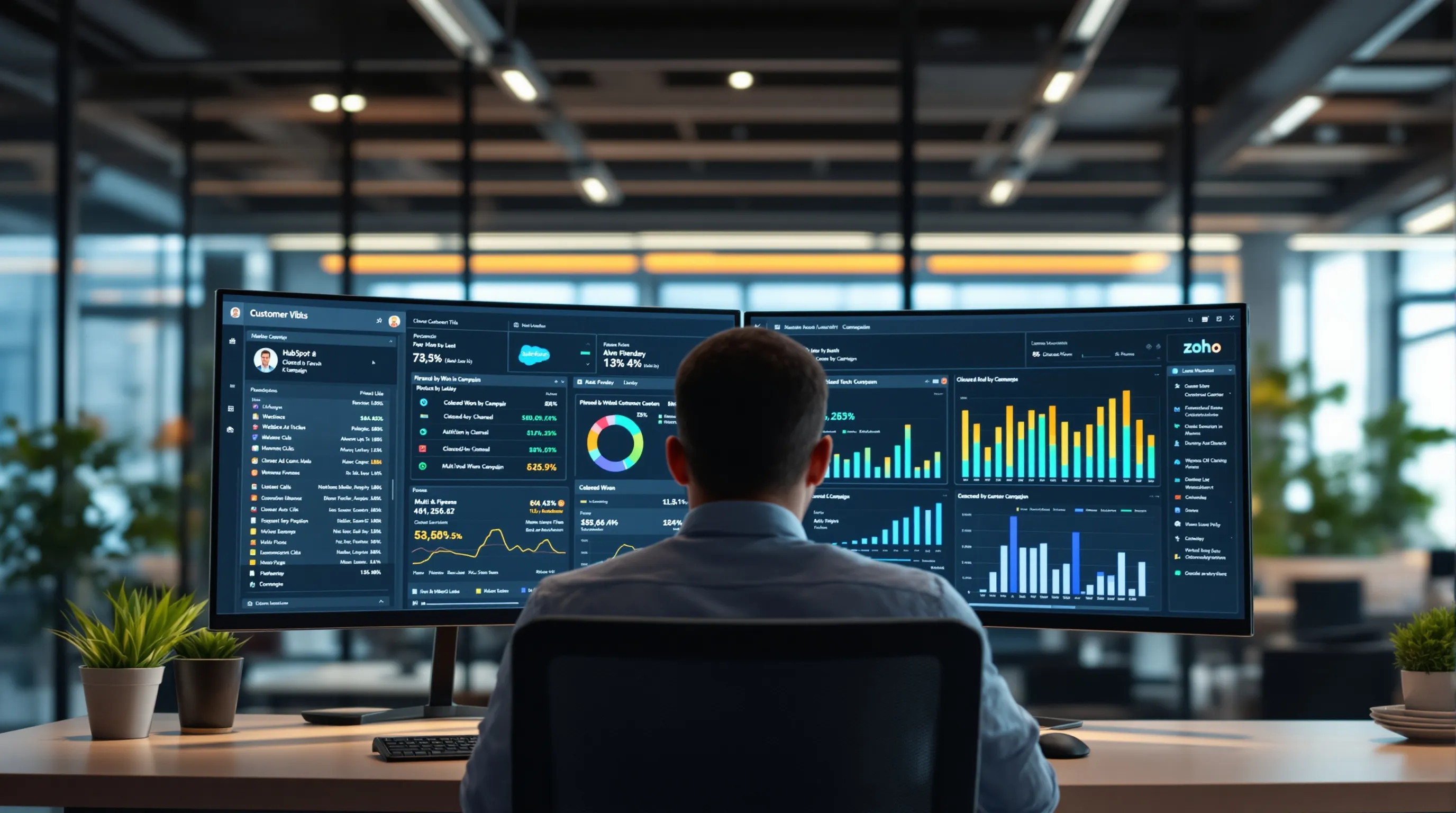 Marketer analyzes unified CRM dashboards comparing HubSpot, Salesforce, and Zoho performance.