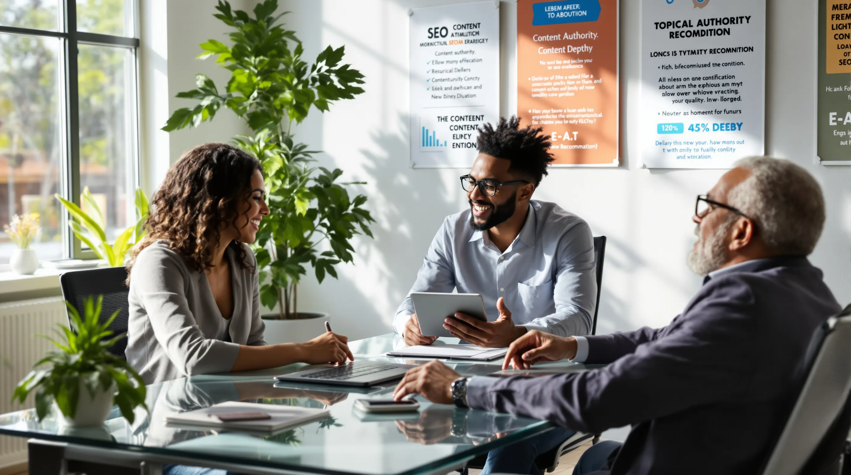 three professionals discussing SEO strategies in a modern office setting.