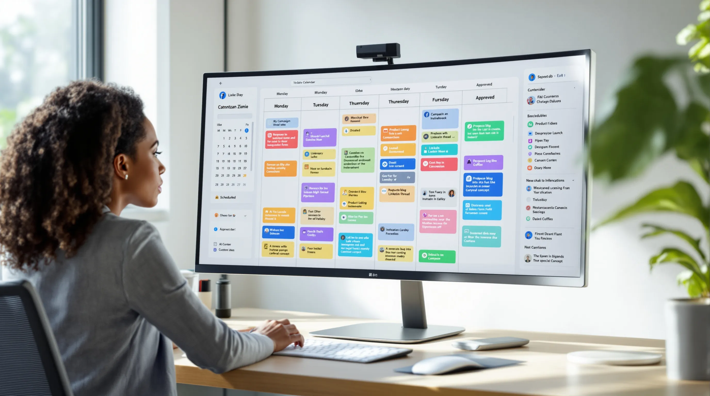 Marketer planning social campaigns on an AI-assisted editorial calendar and CRM dashboard.