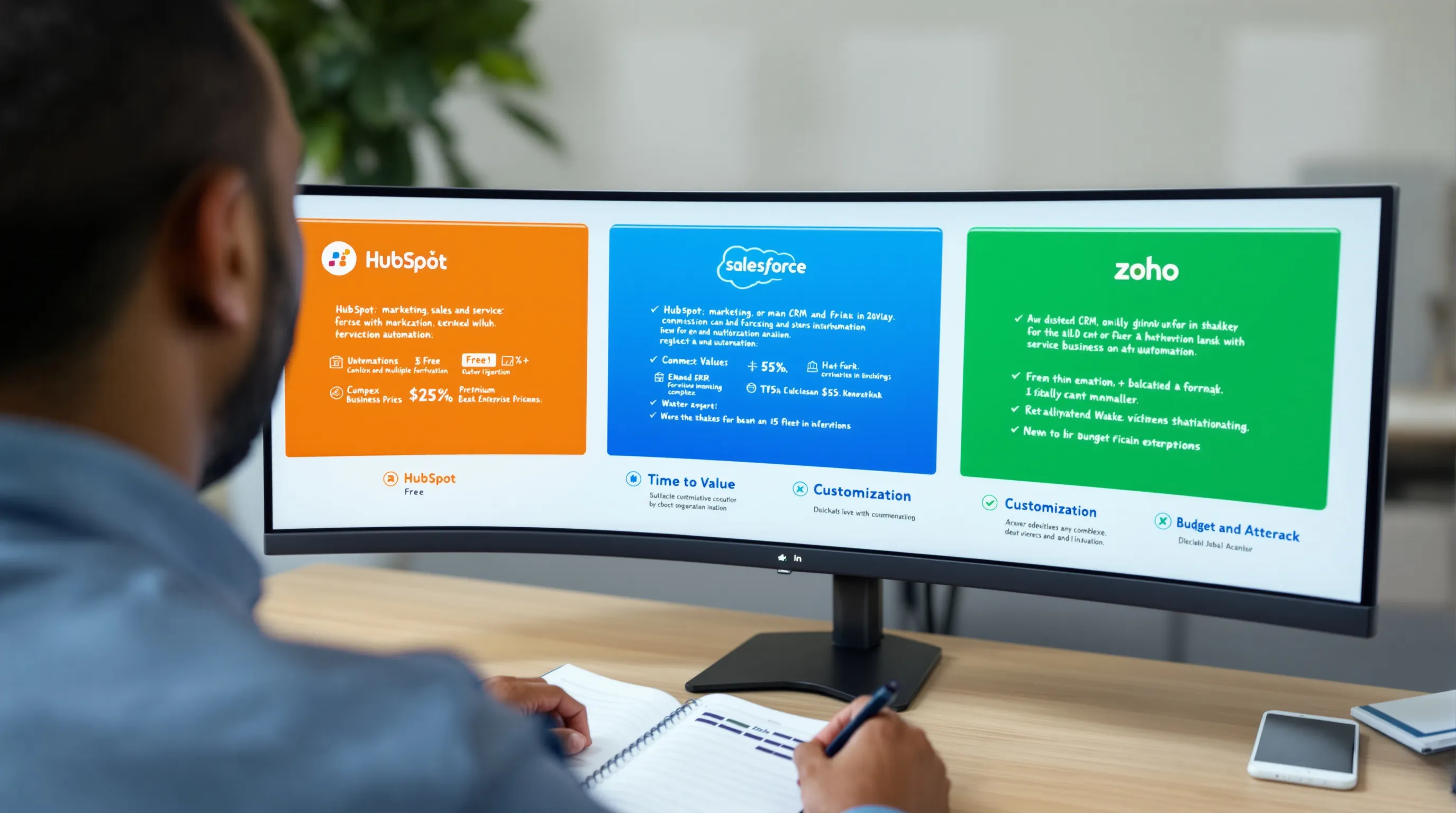Professional comparing HubSpot, Salesforce, and Zoho CRM on a large office monitor.