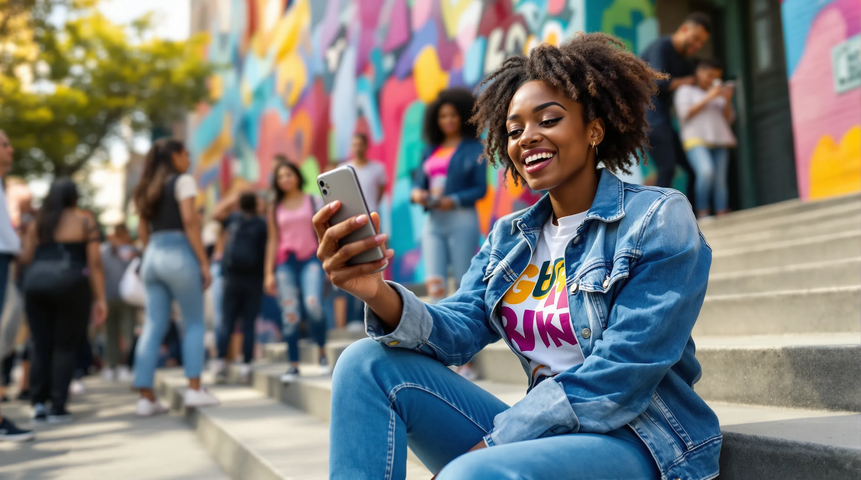 A young woman filming a short video on her phone in an urban setting.