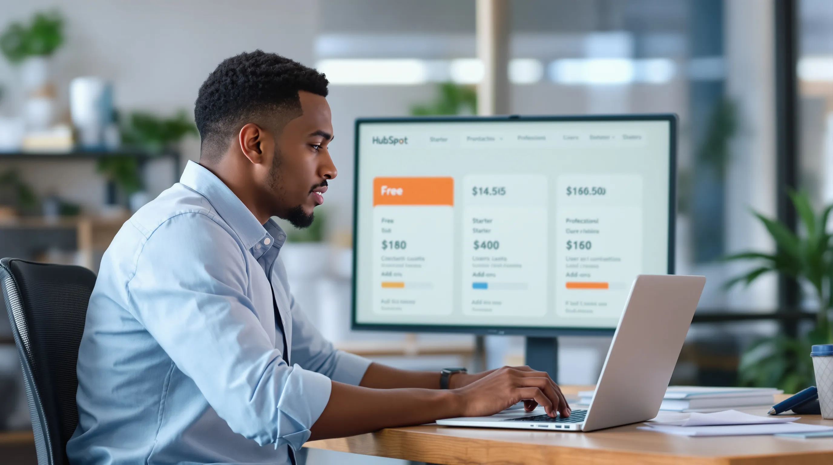 Small business owner reviewing HubSpot pricing tiers and costs on a laptop.
