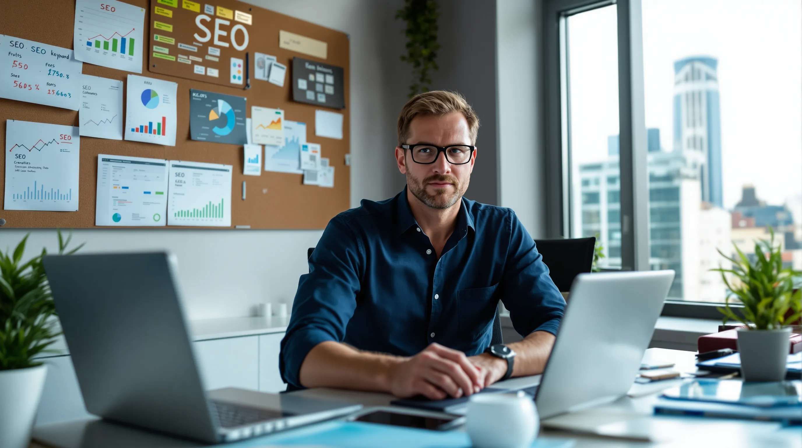 a businessman optimizing SEO strategies at a modern office desk.