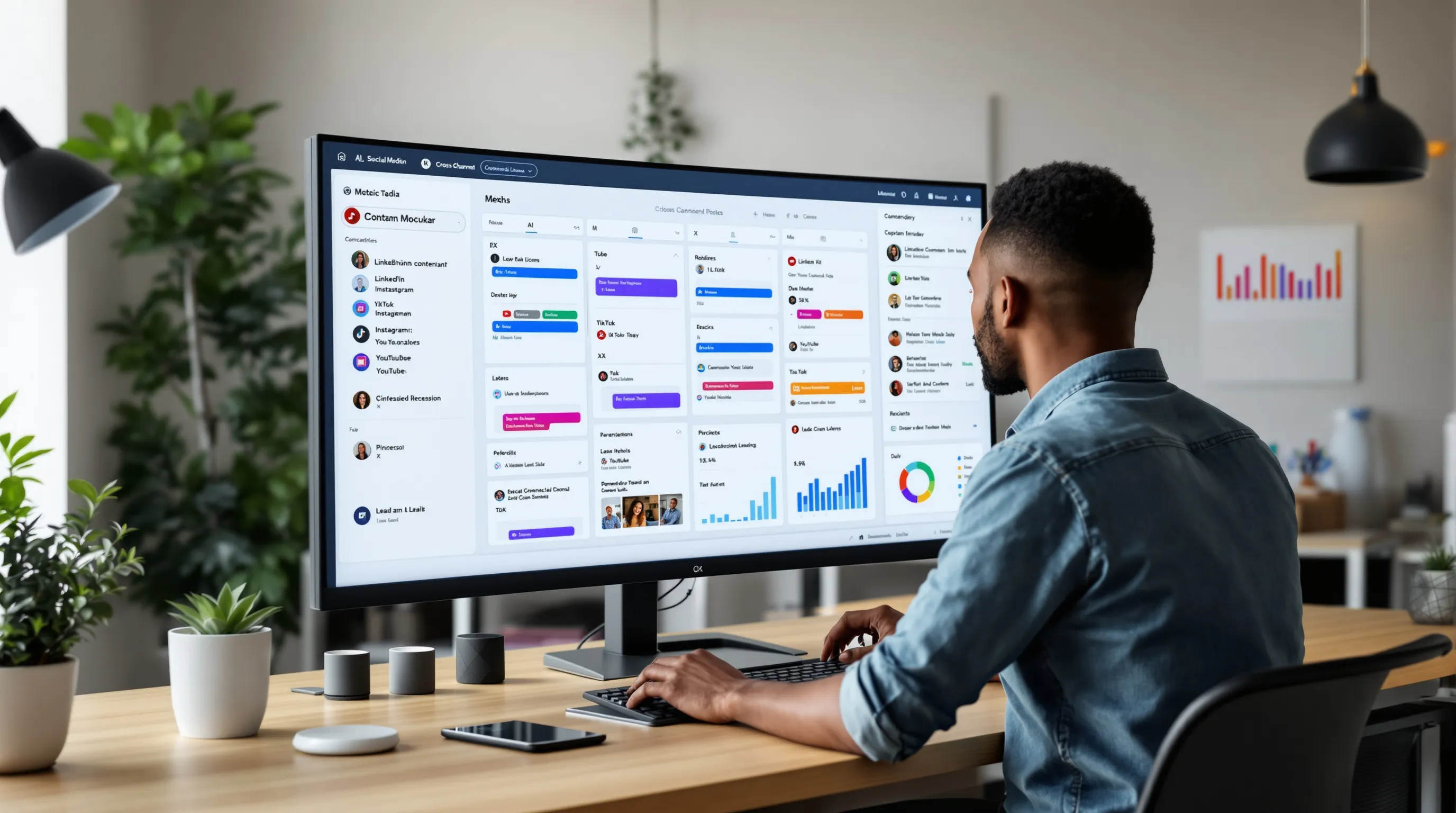 Marketer reviews an integrated social media dashboard with calendar, inbox, and analytics.