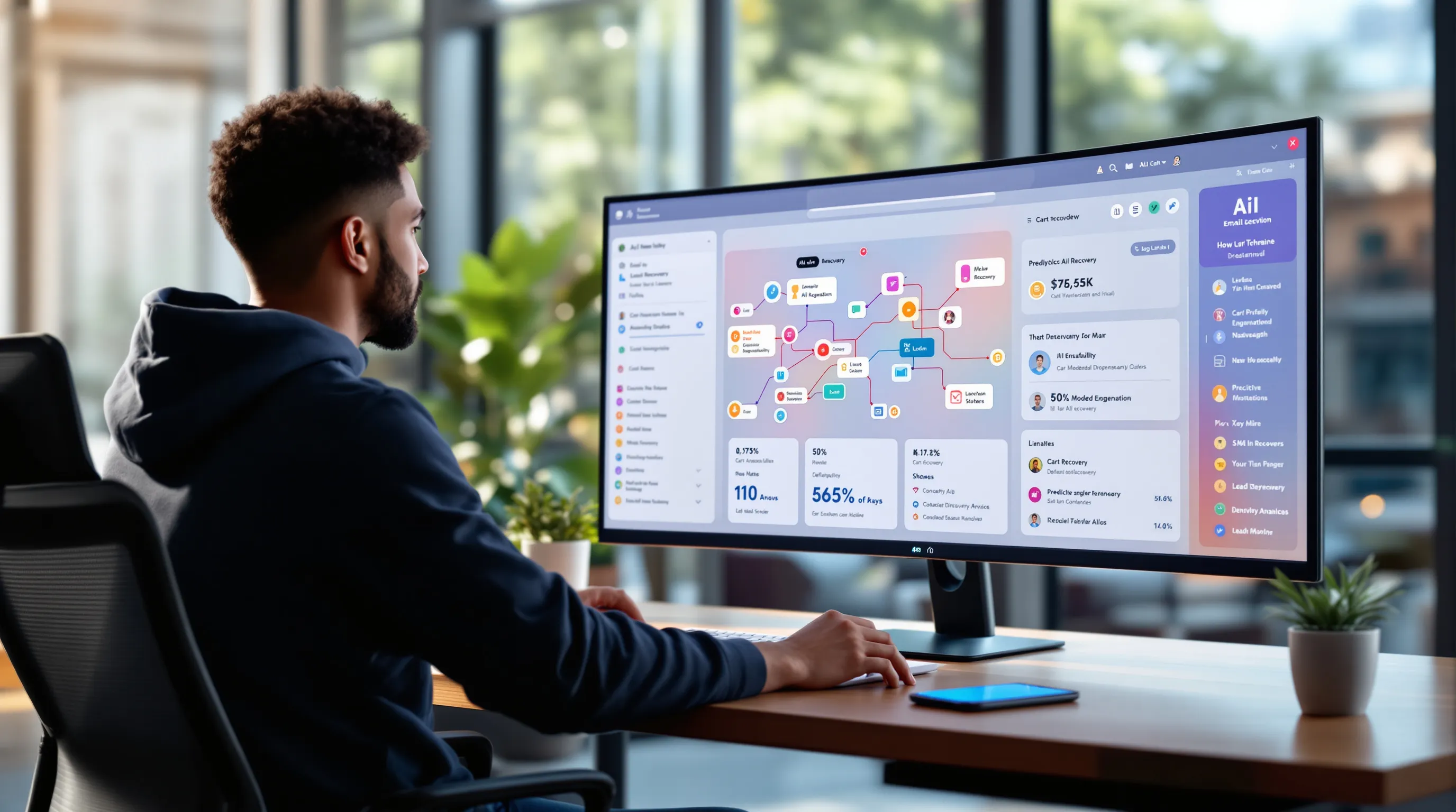 Marketer views AI-powered email marketing platform showing cross-channel journeys and analytics.