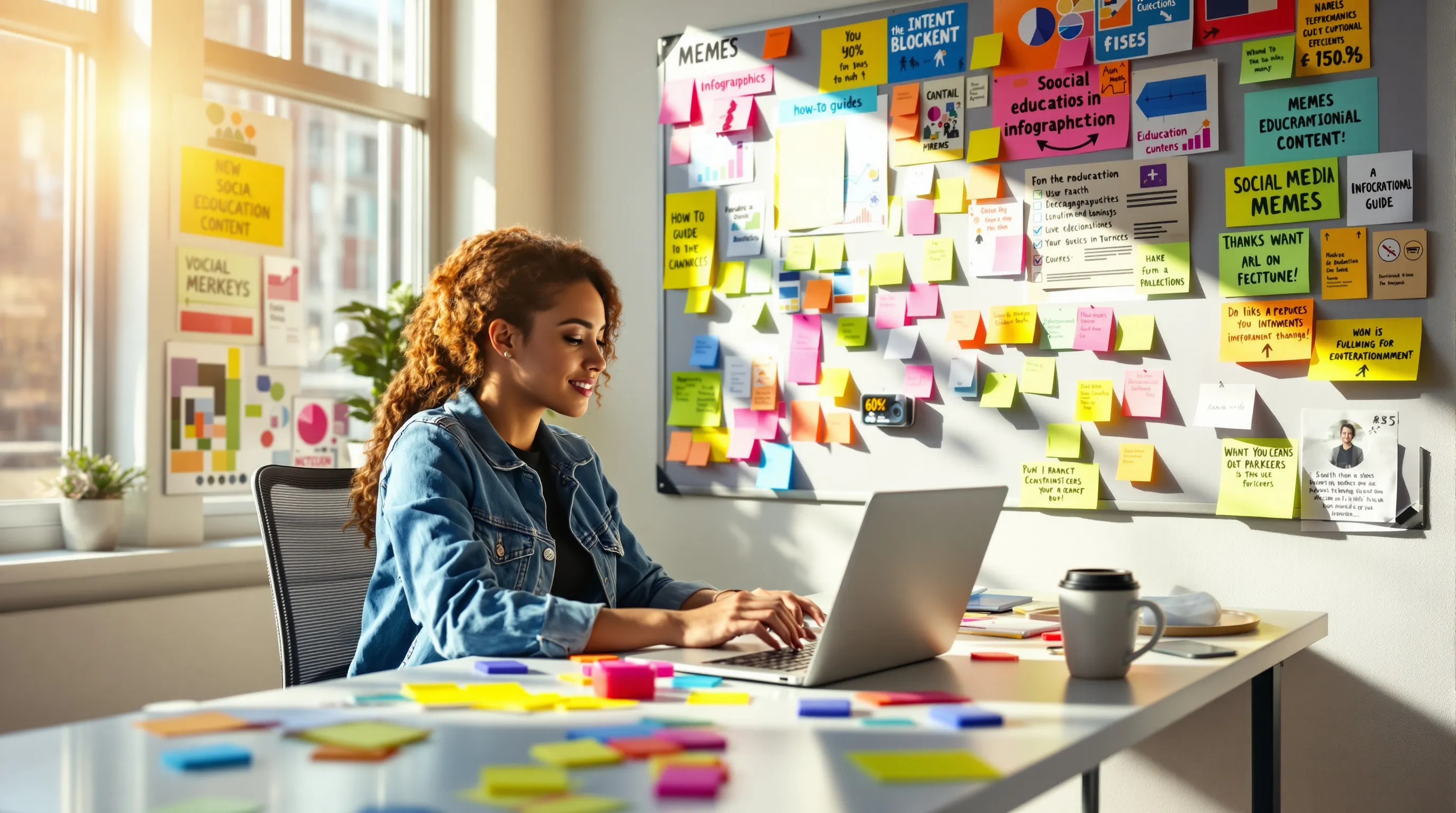 a woman creating social media content at a modern office desk.