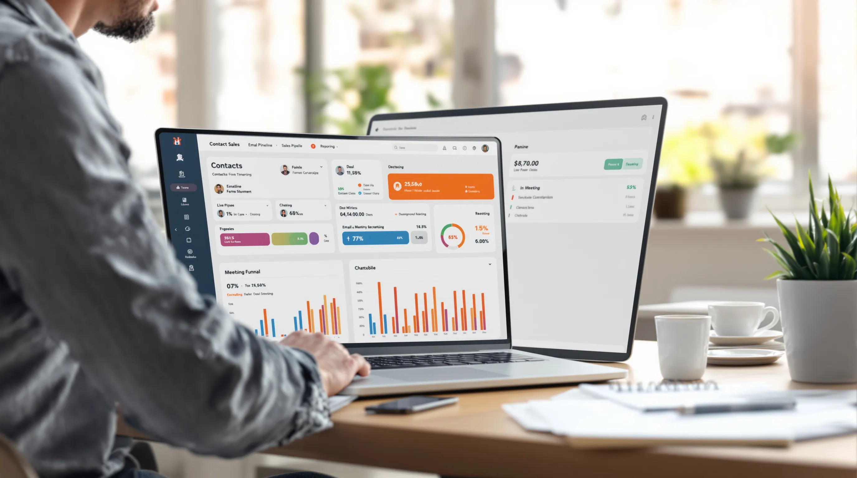Small marketing team using a unified HubSpot-style dashboard in a modern office.