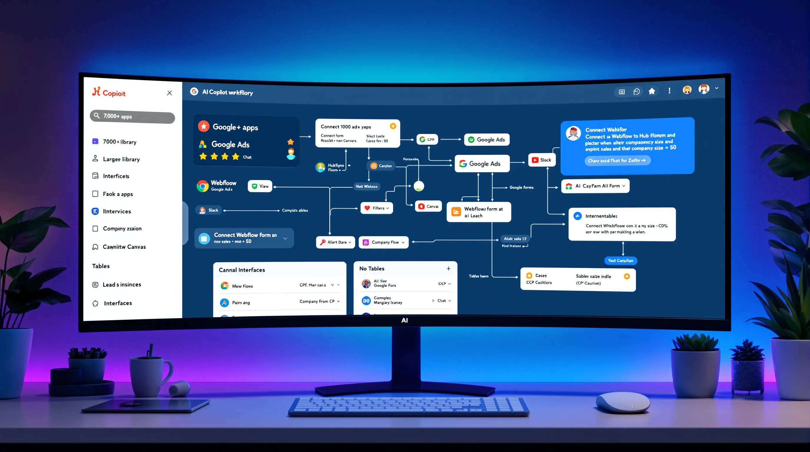 A marketer builds a complex Zapier automation with AI and integrations on a large monitor.