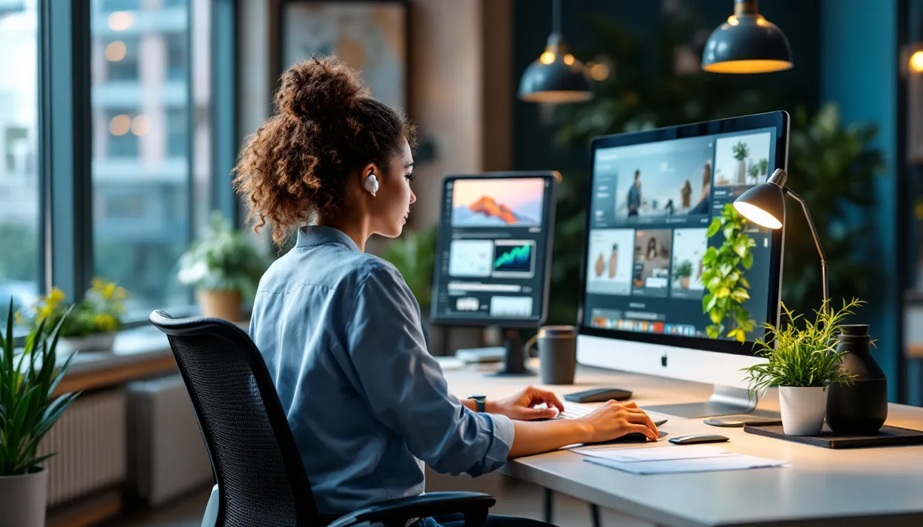 Marketer reviews high-quality e-commerce product video and performance metrics on multiple screens.