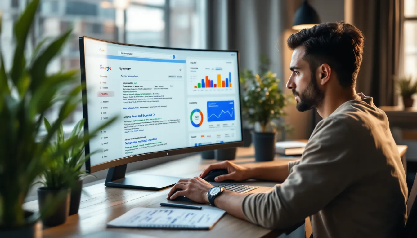 Marketer optimizes PPC search ads on a computer showing high‑intent search results.
