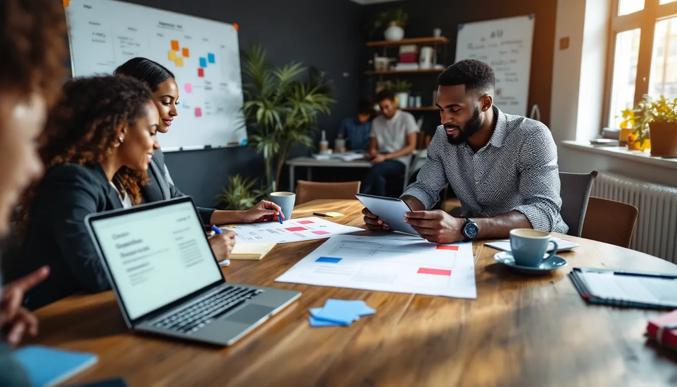 Diverse marketing team reviewing a structured digital marketing plan on laptop and printouts.