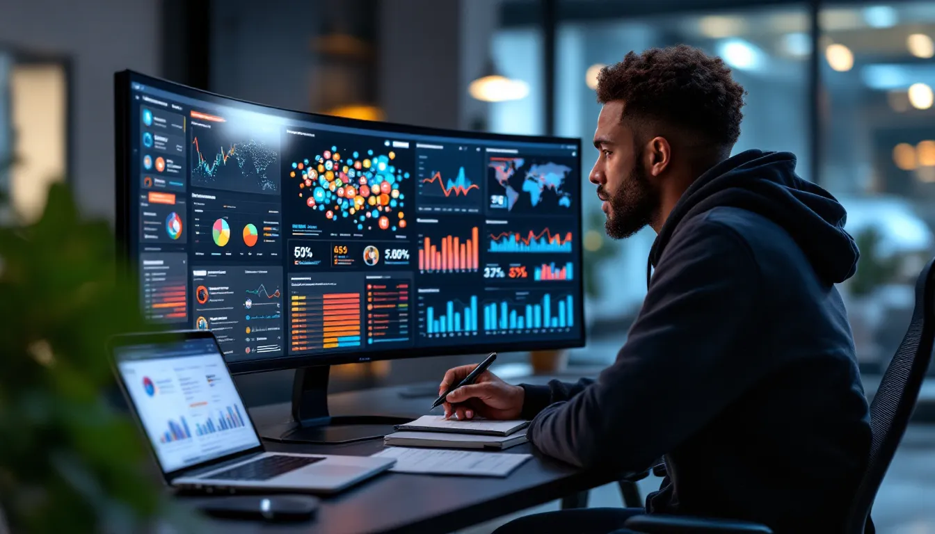 Analyst reviews AI-driven competitor dashboards with clustered data and trend graphs.