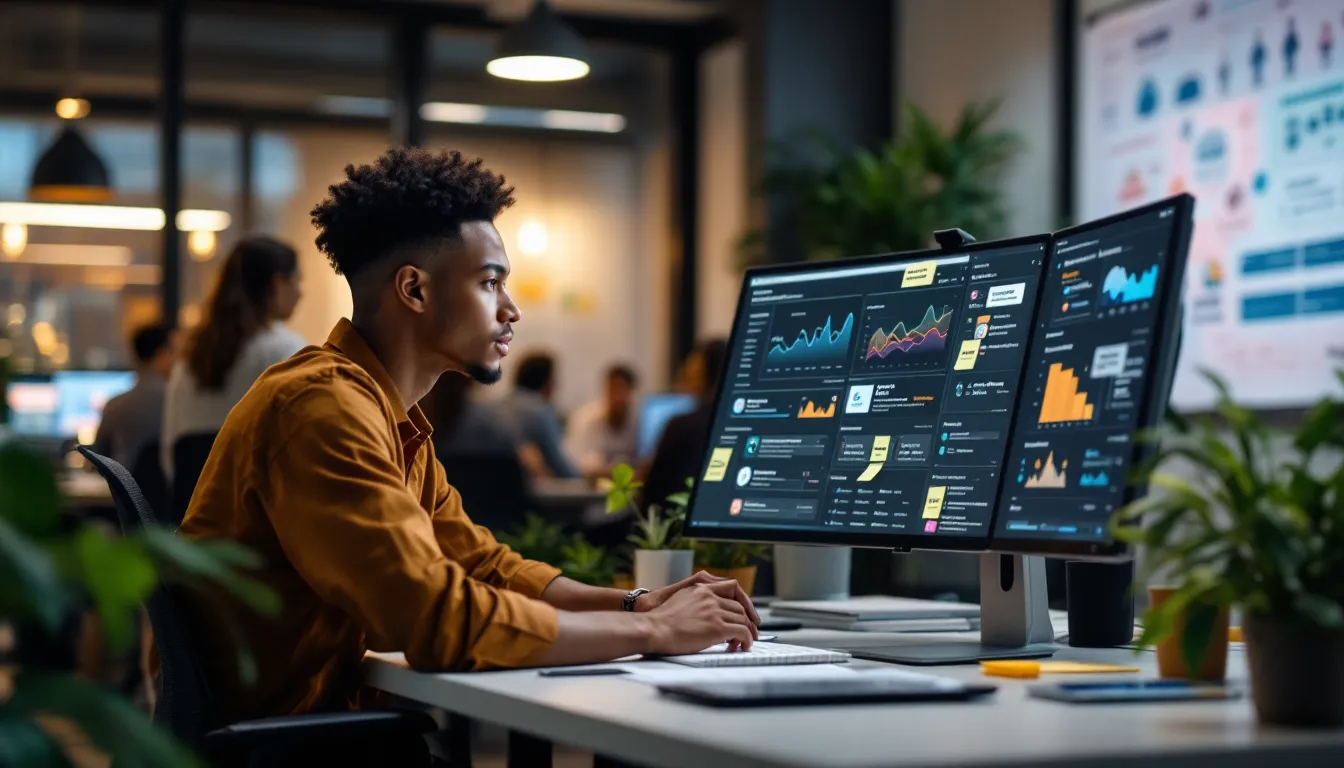 Marketer reviews social media analytics linking customer journey to revenue metrics.