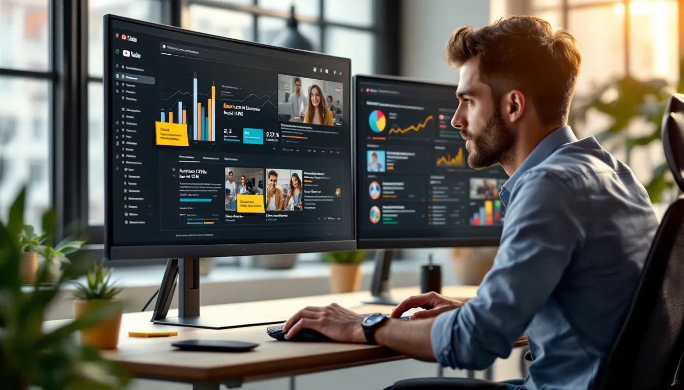 Marketer analyzing YouTube search rankings and behavior metrics on dual monitors in office.