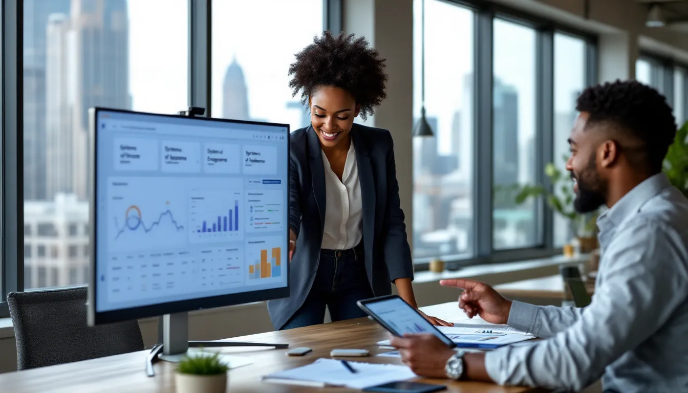 Marketing team reviews an integrated, modern tech stack dashboard in a bright office.