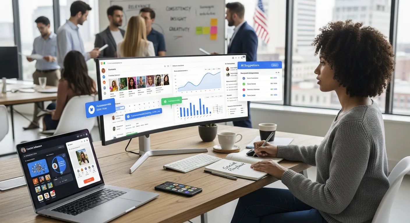 Marketer analyzes AI-driven social media dashboards in a modern U.S. office.