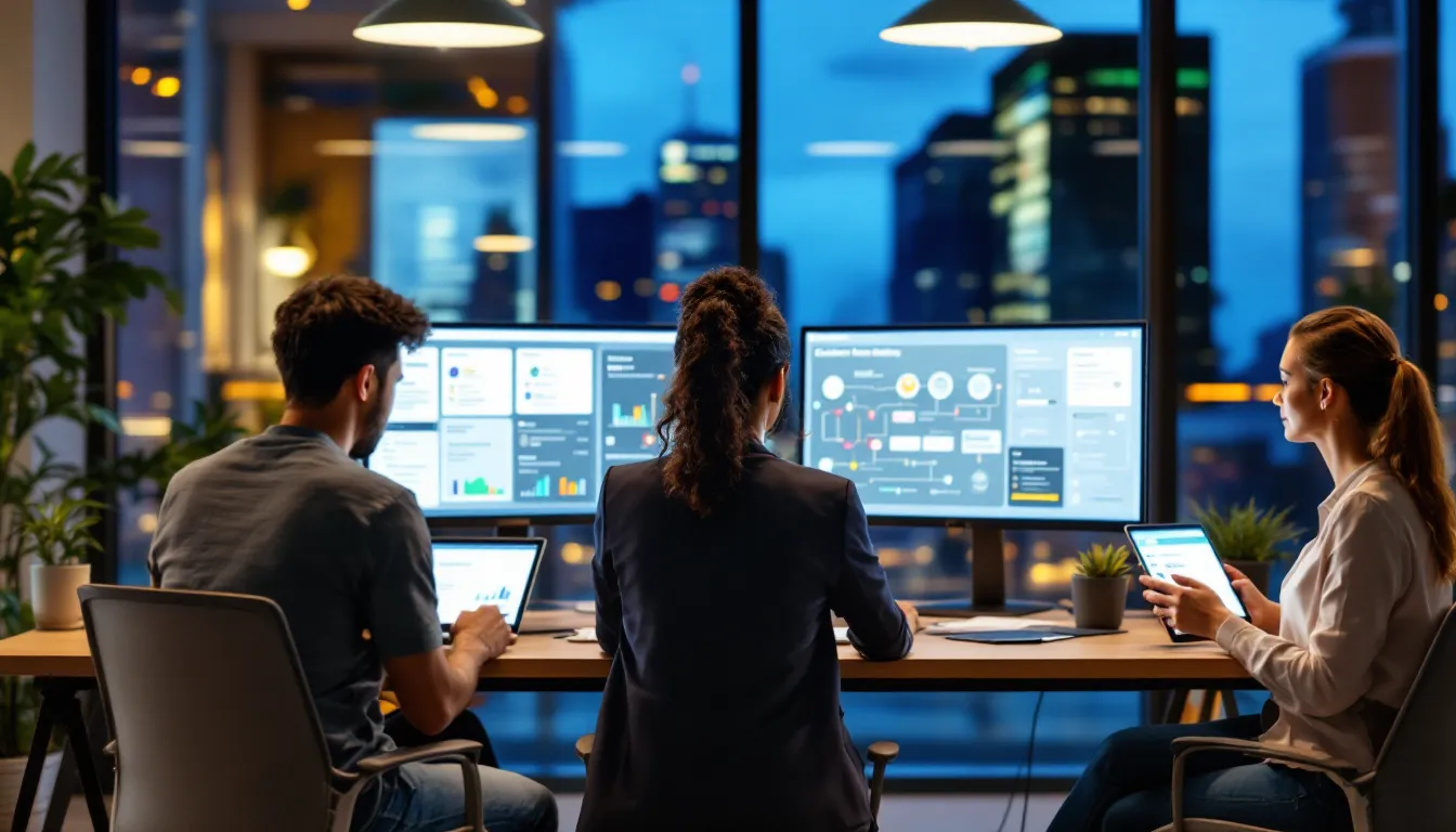 Diverse marketing team using AI dashboards to run a unified content engine.