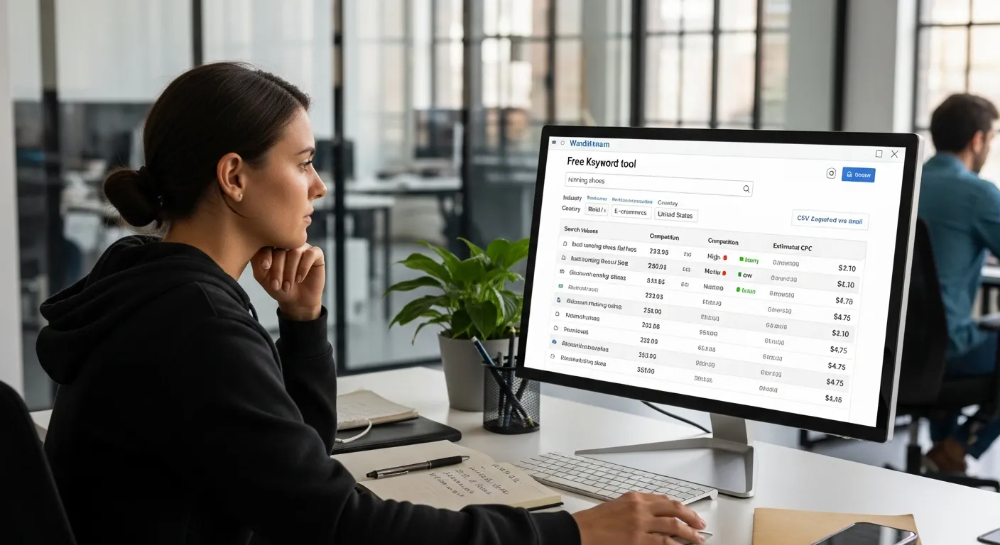 Marketer reviewing WordStream keyword tool results with search volume, competition, and CPC.