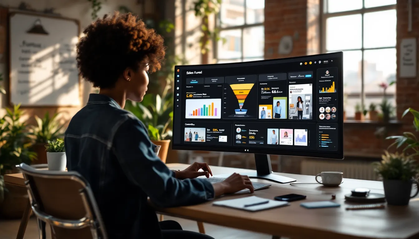 Marketer reviews full-funnel e-commerce video strategy on a detailed analytics dashboard.