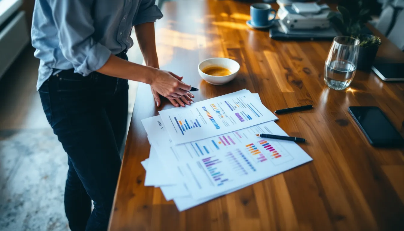 Marketing team reviewing an SEO keyword research report linking keywords to business goals.