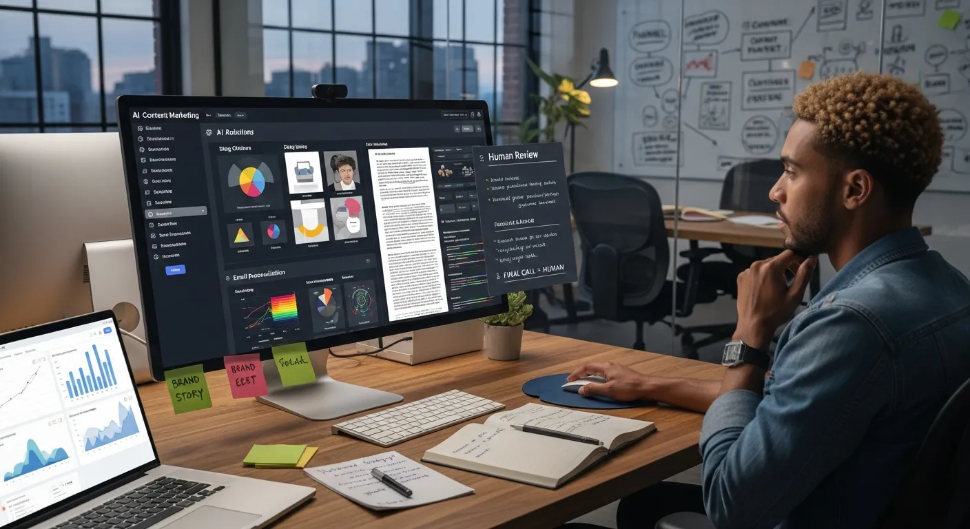 Content marketer reviewing AI-generated drafts and analytics on multiple screens in an office.