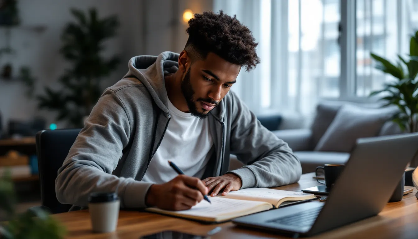 Young professional planning social media marketing side hustle goals at home desk.