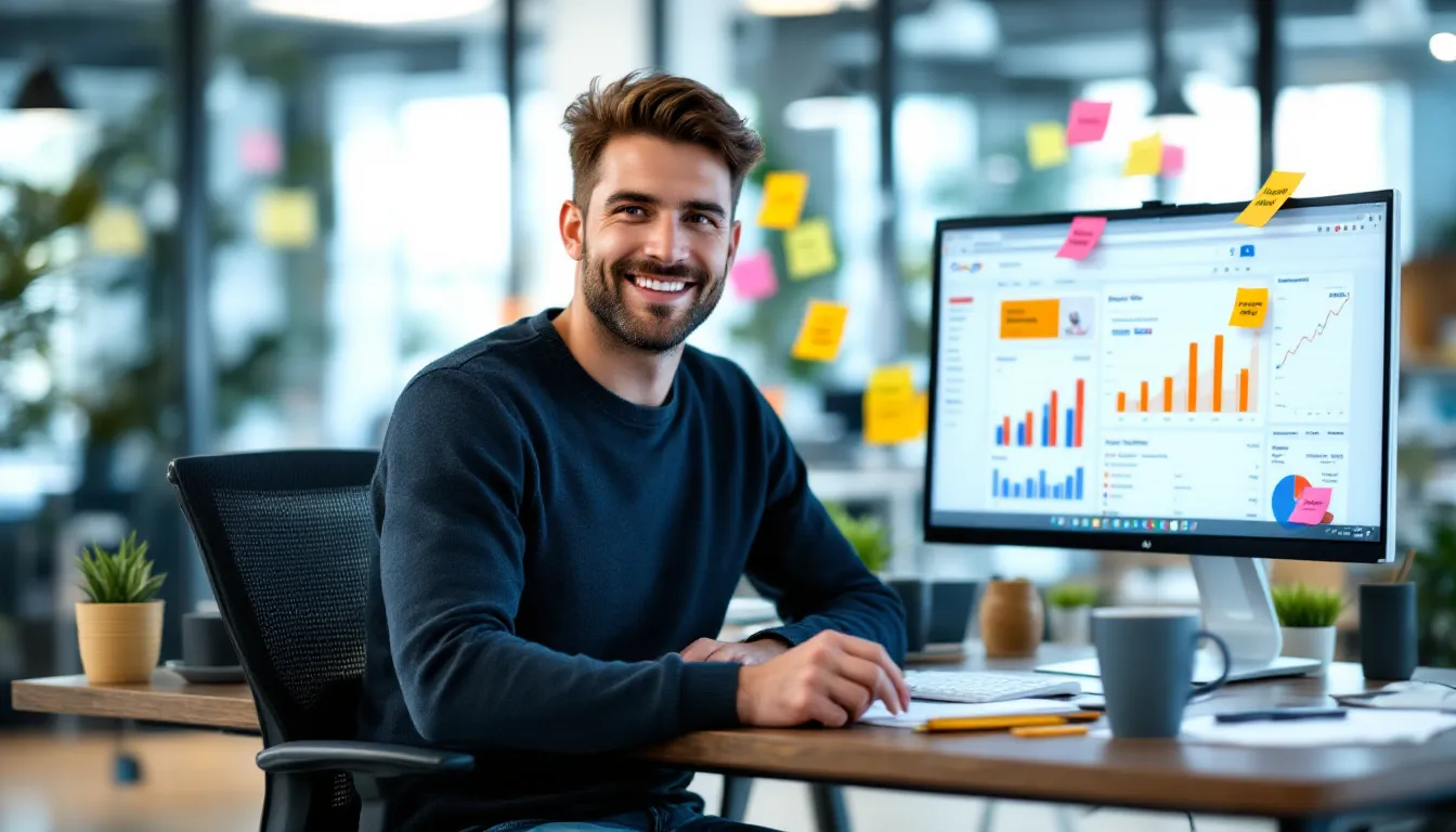 Marketer analyzing PPC and SEO data on dual monitors to plan full-funnel growth.