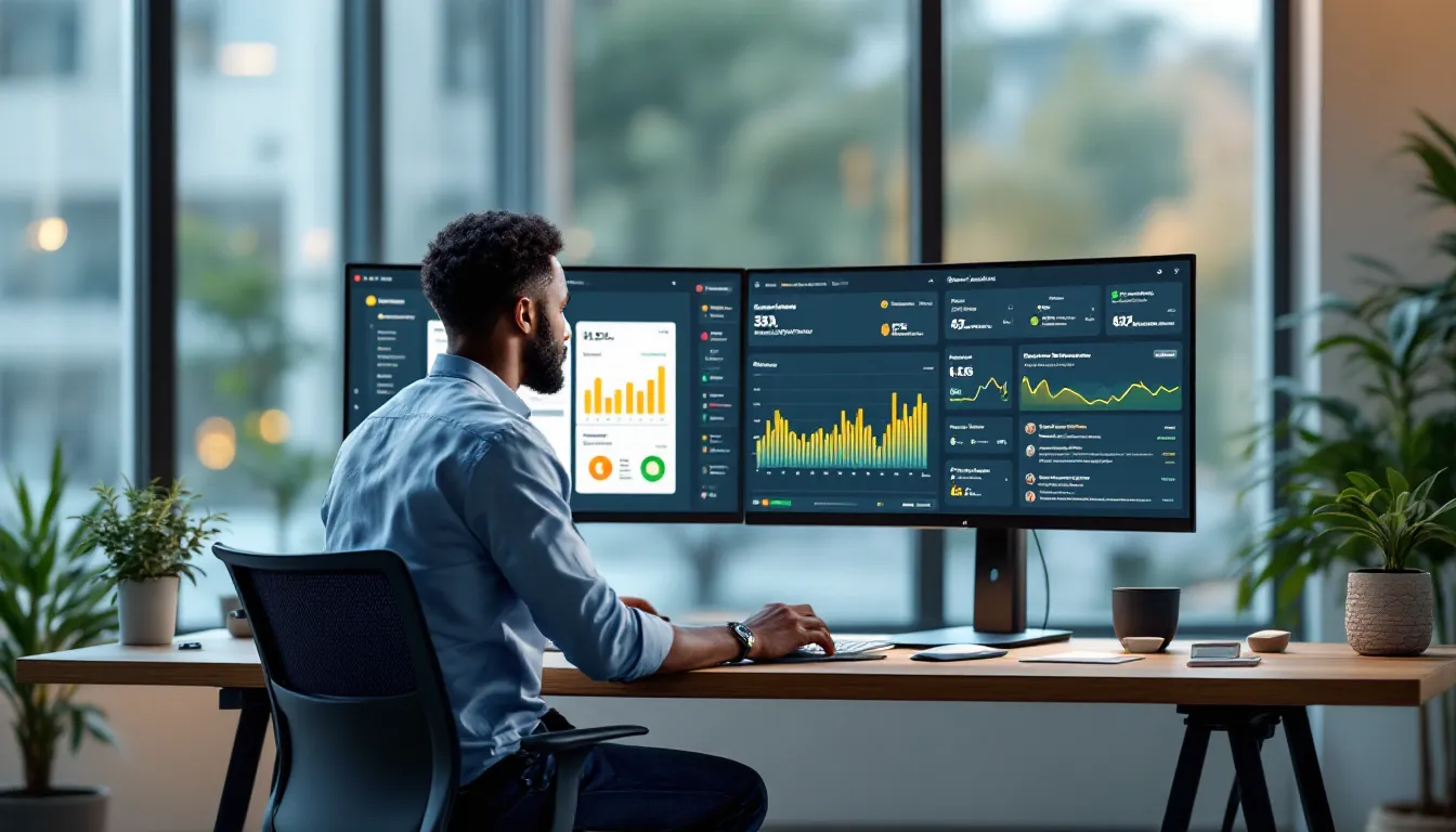 Sales rep in modern office using AI dashboard for leads, calls, and forecasting.