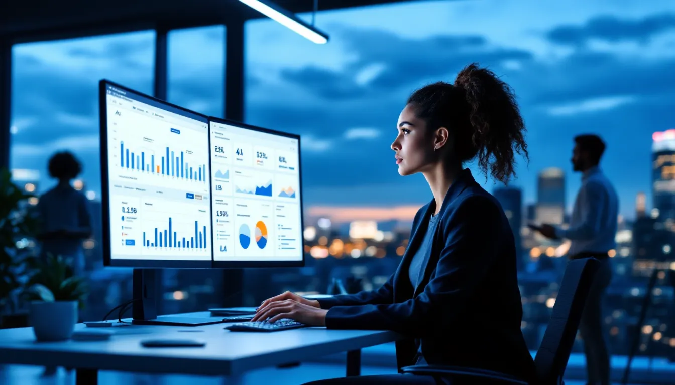 Marketing team in a modern office analyzing real-time AI competitor dashboards on screens.