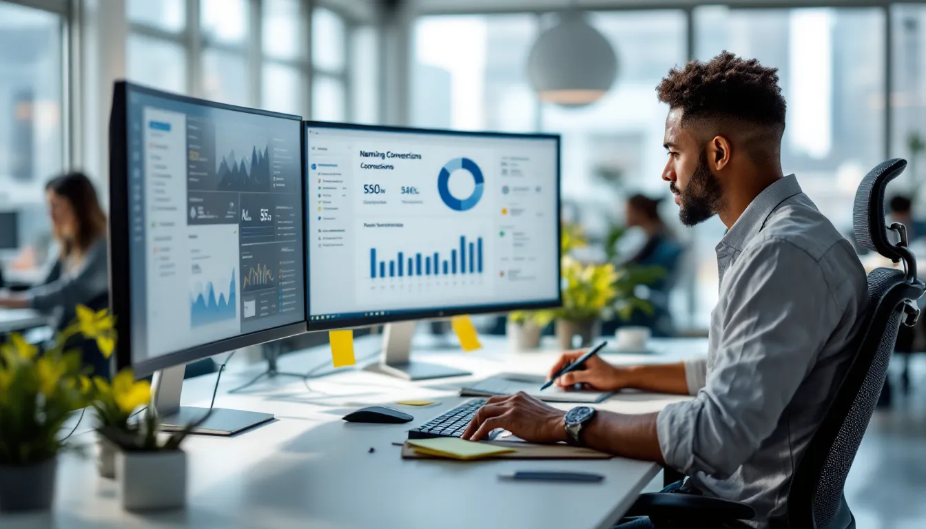 Marketer analyzing clean CRM and analytics dashboards in a modern startup office.