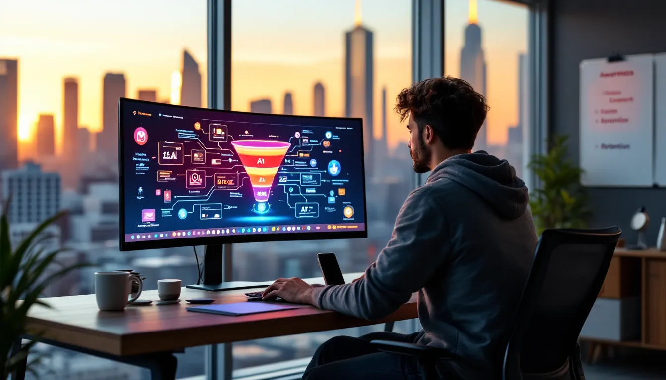 Marketer using AI-powered content funnel dashboard in a modern U.S. office.