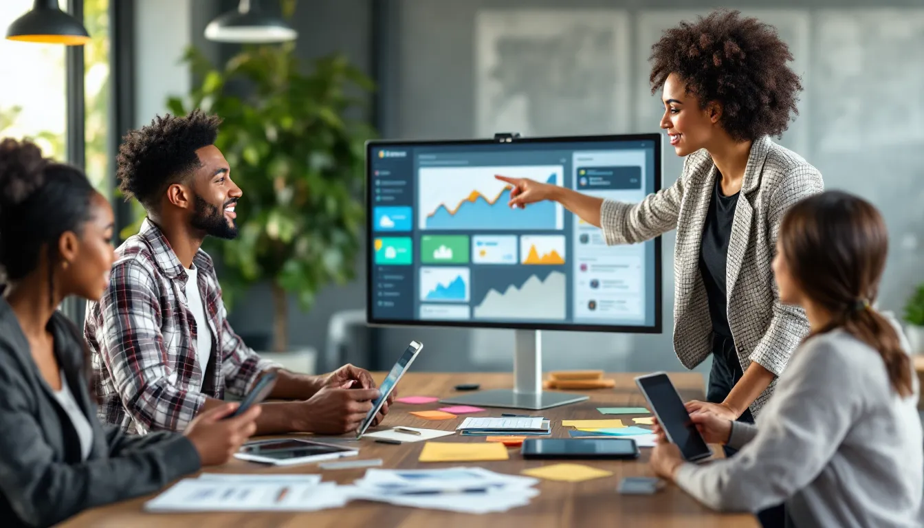 Marketing team reviews rising social media analytics showing expanding reach and brand awareness.