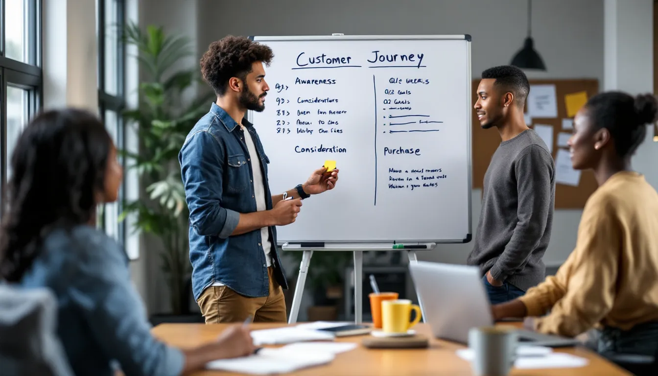 Small business team mapping customer journey and goals on a whiteboard.