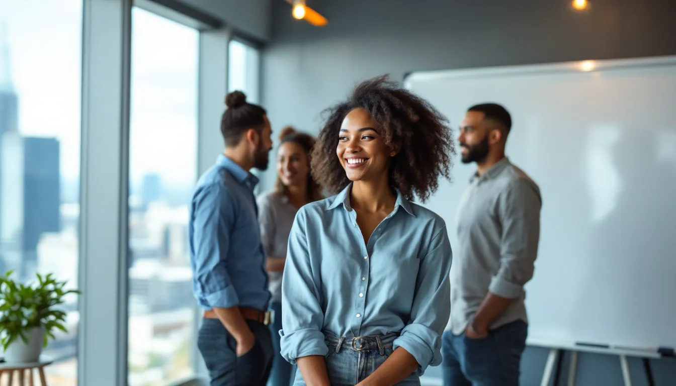 Diverse marketing team reviews a customer journey map in a modern U.S. office.