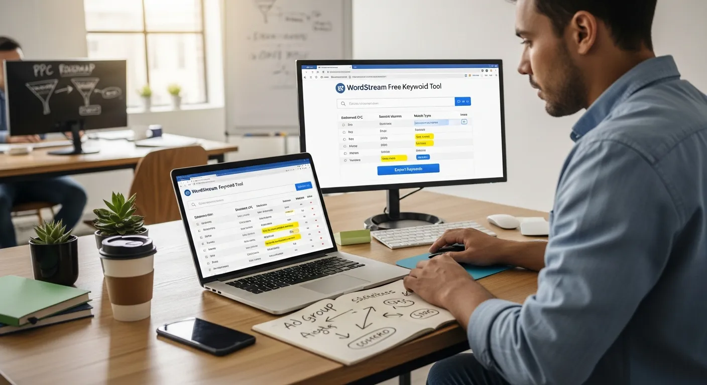 Performance marketer using WordStream’s free keyword tool on a laptop in a small office.