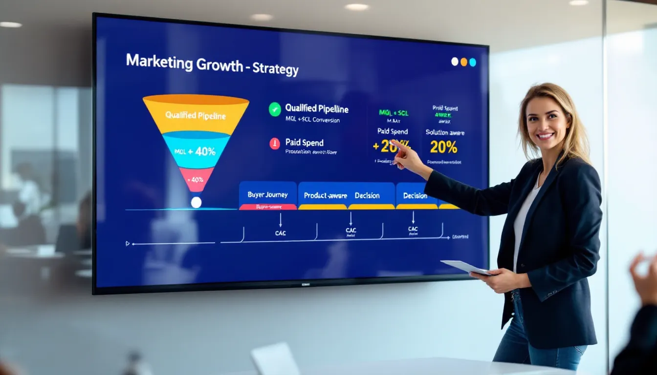 Marketing team reviews inbound-focused digital strategy dashboard with buyer journey stages.