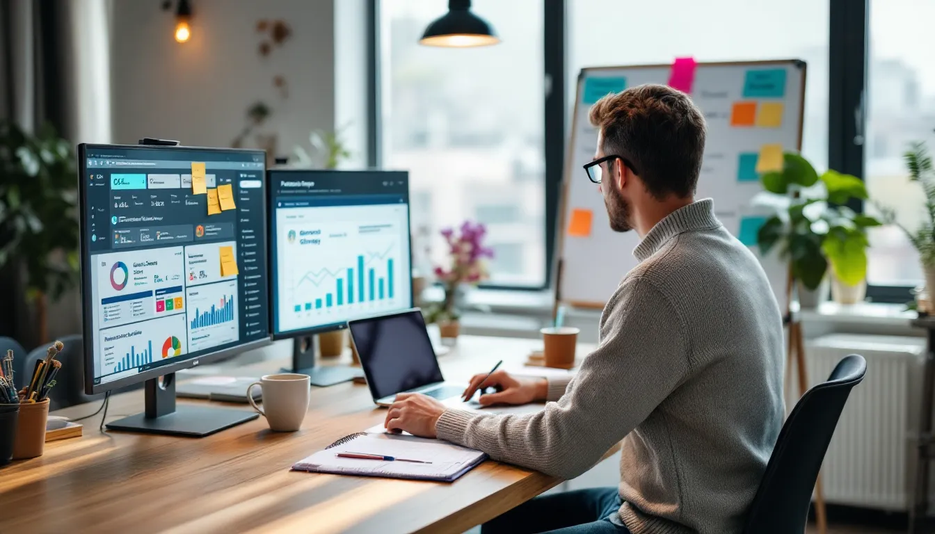 Marketer planning Facebook social media strategy with funnels, goals, and dashboards.