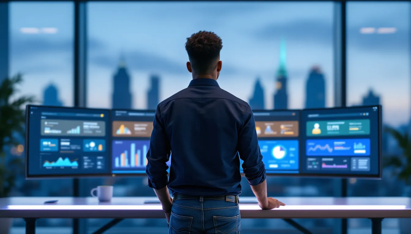 Marketer reviewing a layered marketing tech stack dashboard in a modern U.S. office.