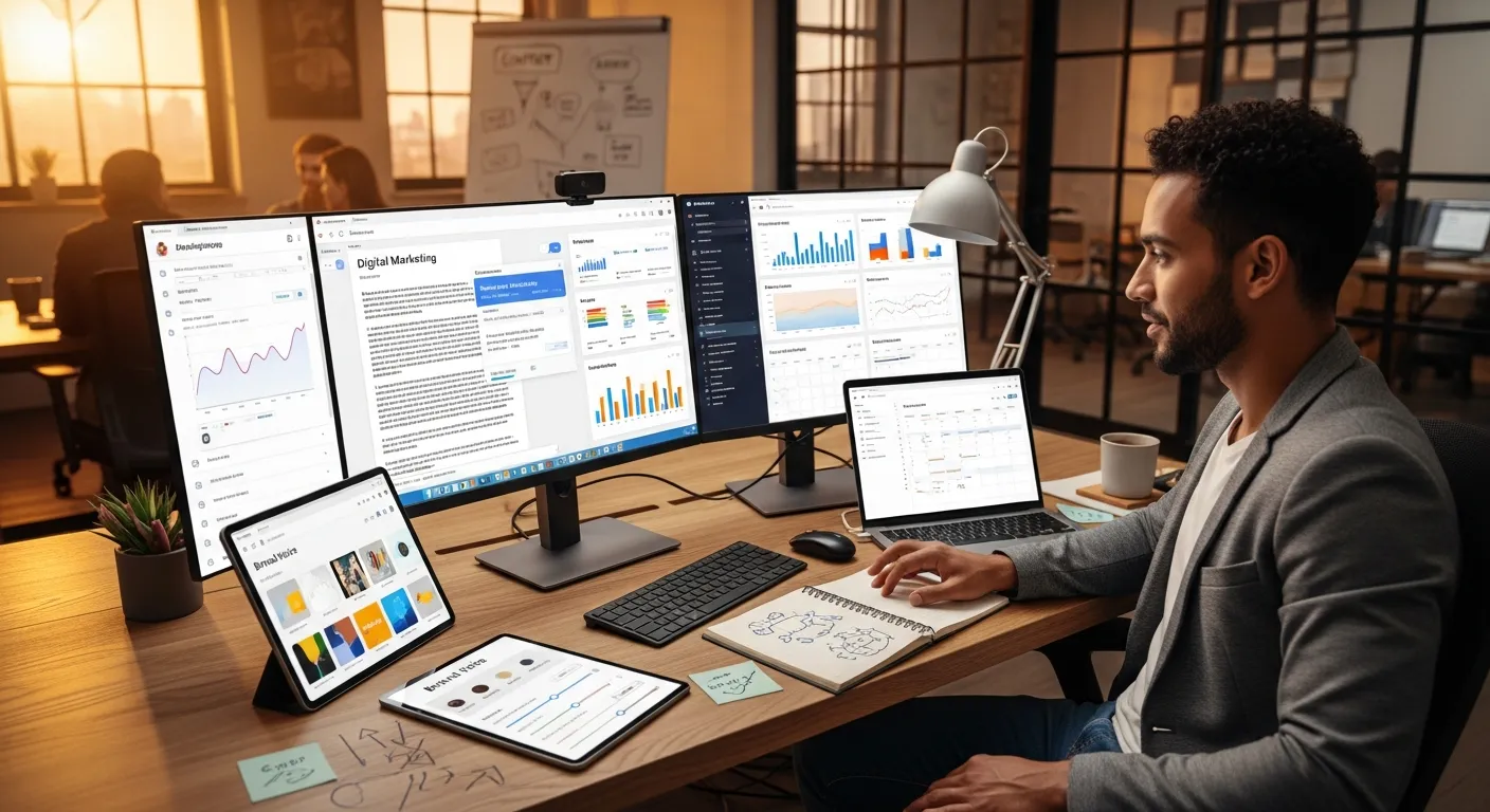 A marketer uses AI content marketing dashboards and writing tools on multiple screens.