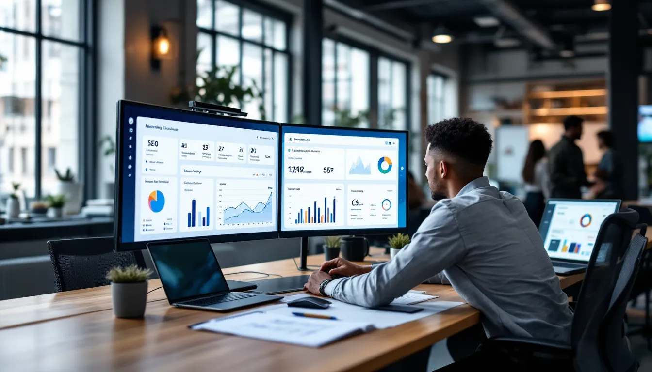 Marketer analyzes a multi-channel digital marketing strategy dashboard in a modern office.